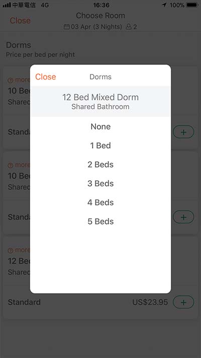 Choosing a room or bed with the hostelworld app