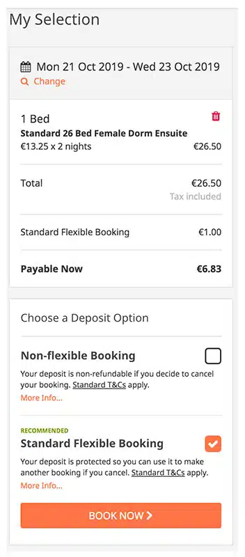 Non-flexible Booking and Flexible Booking at Hostelworld: Choose a deposit