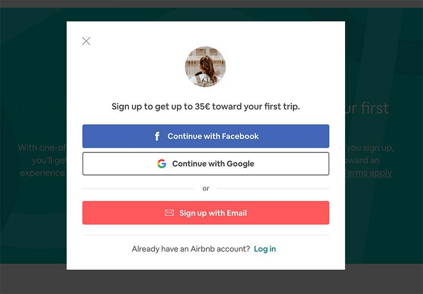 Sign Up at Airbnb with Facebok, Google or Email