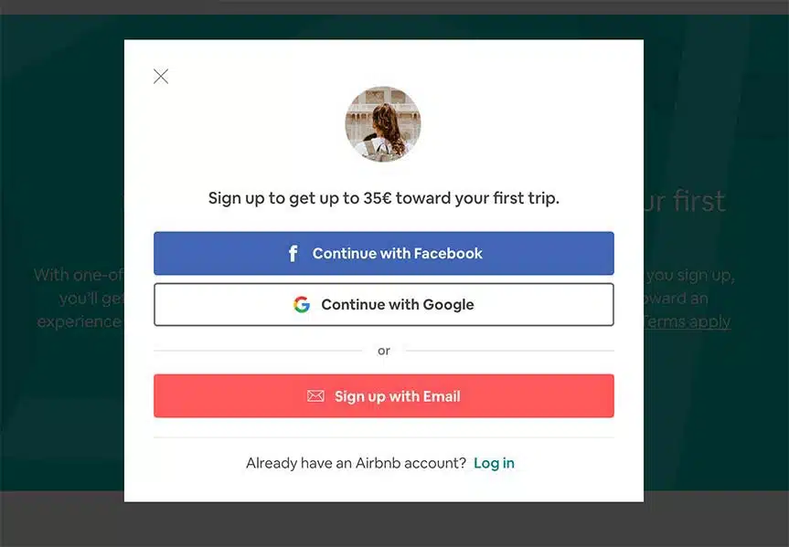 Sign Up at Airbnb with Facebok, Google or Email
