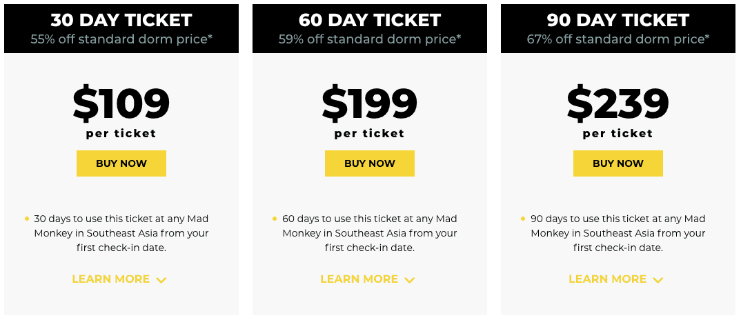 Mad Monkey Golden Ticket - Pricing