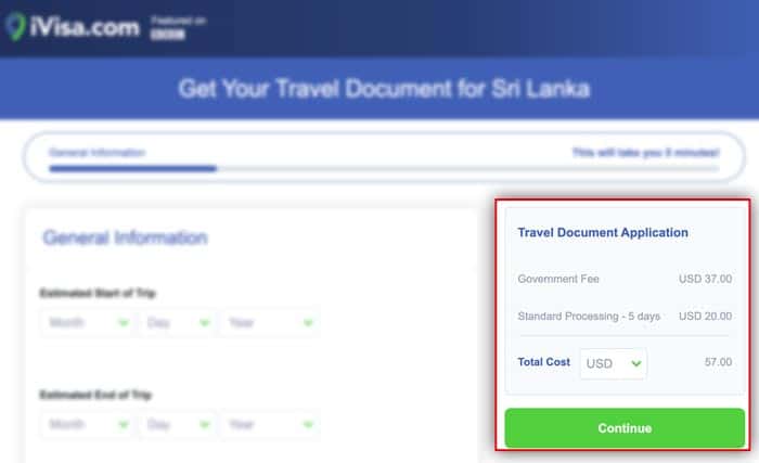 Sri Lanka ETA with iVisa - you pay a small fee for their service