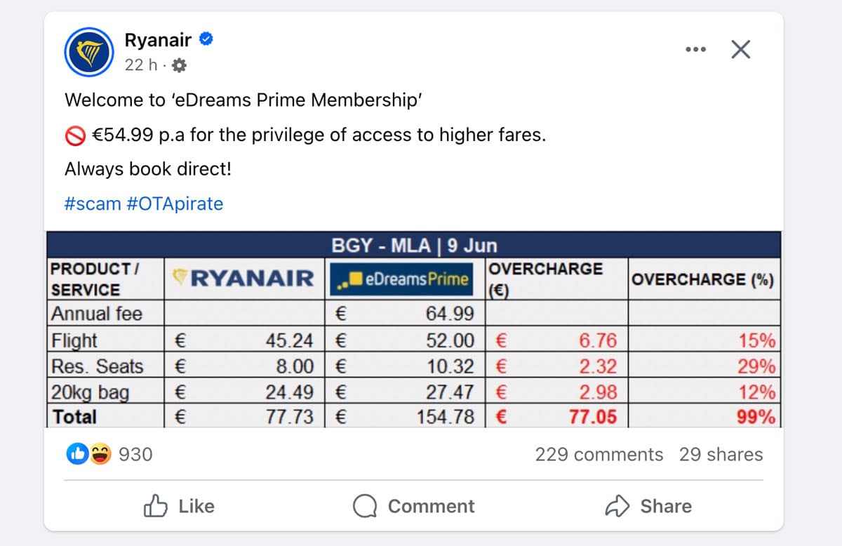 Ryanair is making fun of eDreams Prime Membership - Screenshot of April 2024